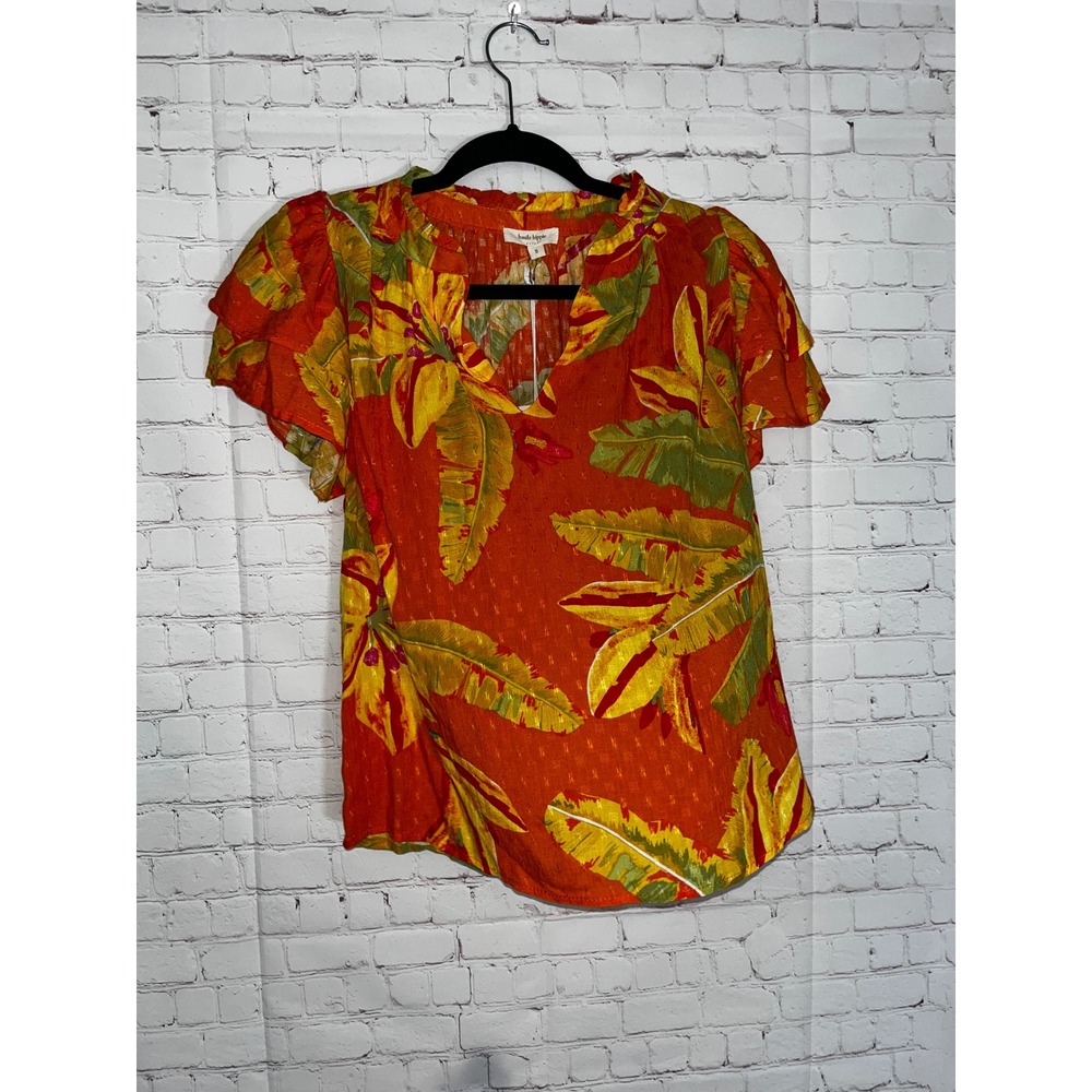 Haute Hippie Orange Tropical Floral‎ V-Neck Tiered Flutter Sleeve Blouse Small - Picture 2 of 5